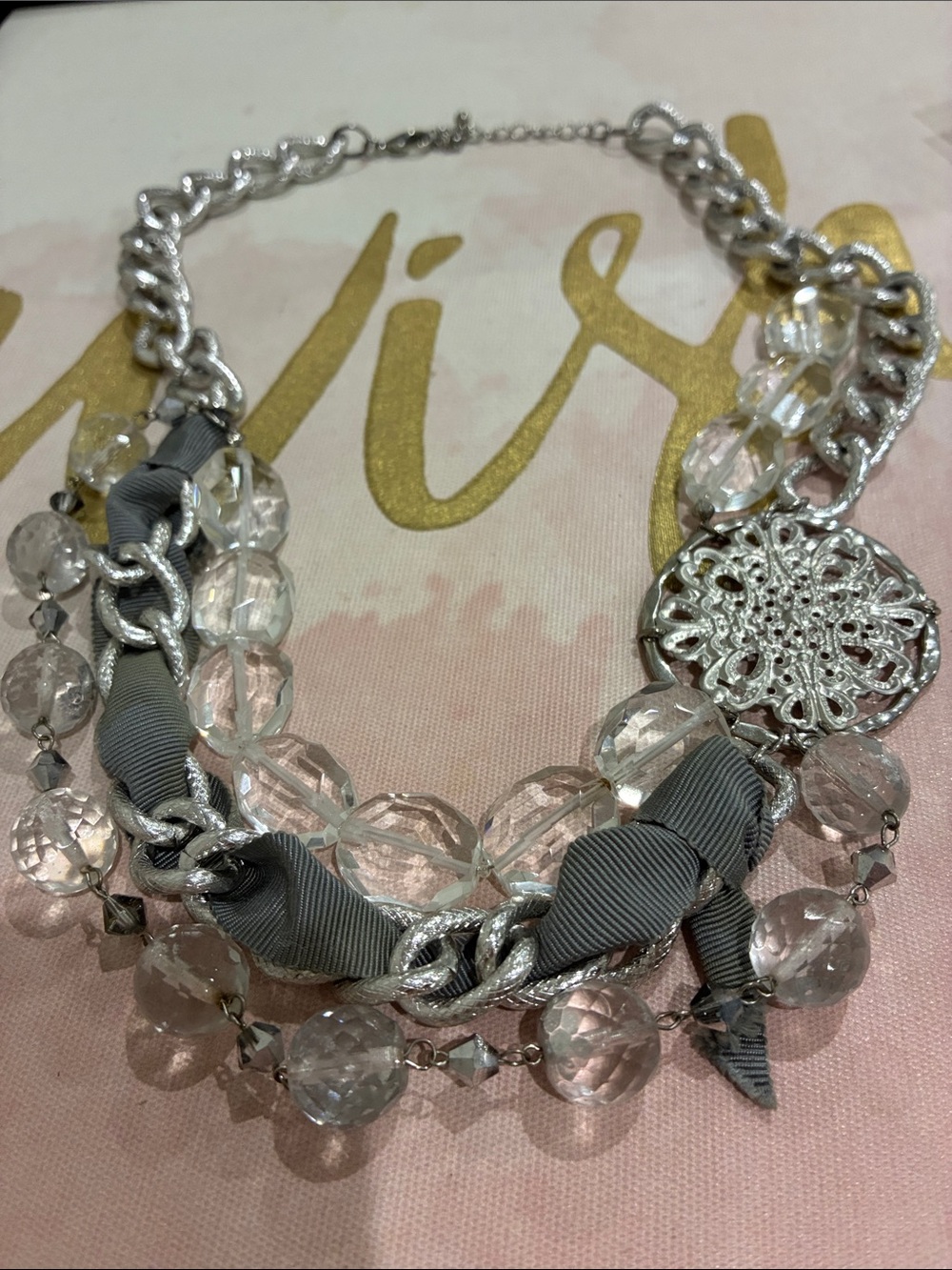 Crystal and Gray Ribbon Statement Necklace - Unbranded